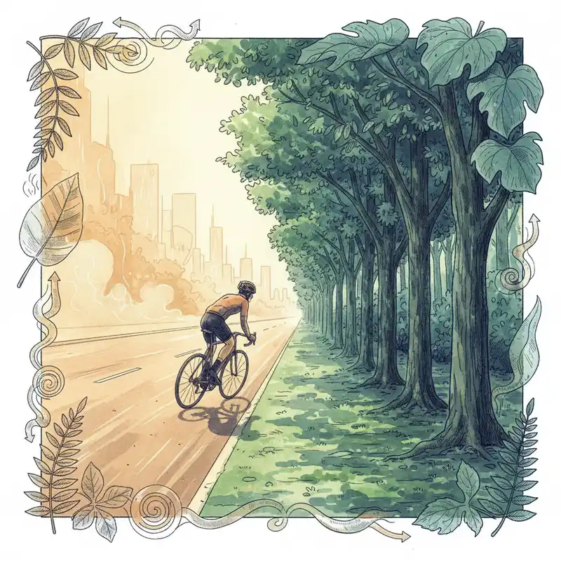 Cyclist traversing from sun-baked asphalt into dense cool green canopy shade